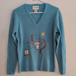 Frost Bros Blue V-Neck Sweater with Texas Longhorn Design - Size M